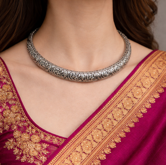 Traditional Tribal Medallion Silver Hasli Choker
