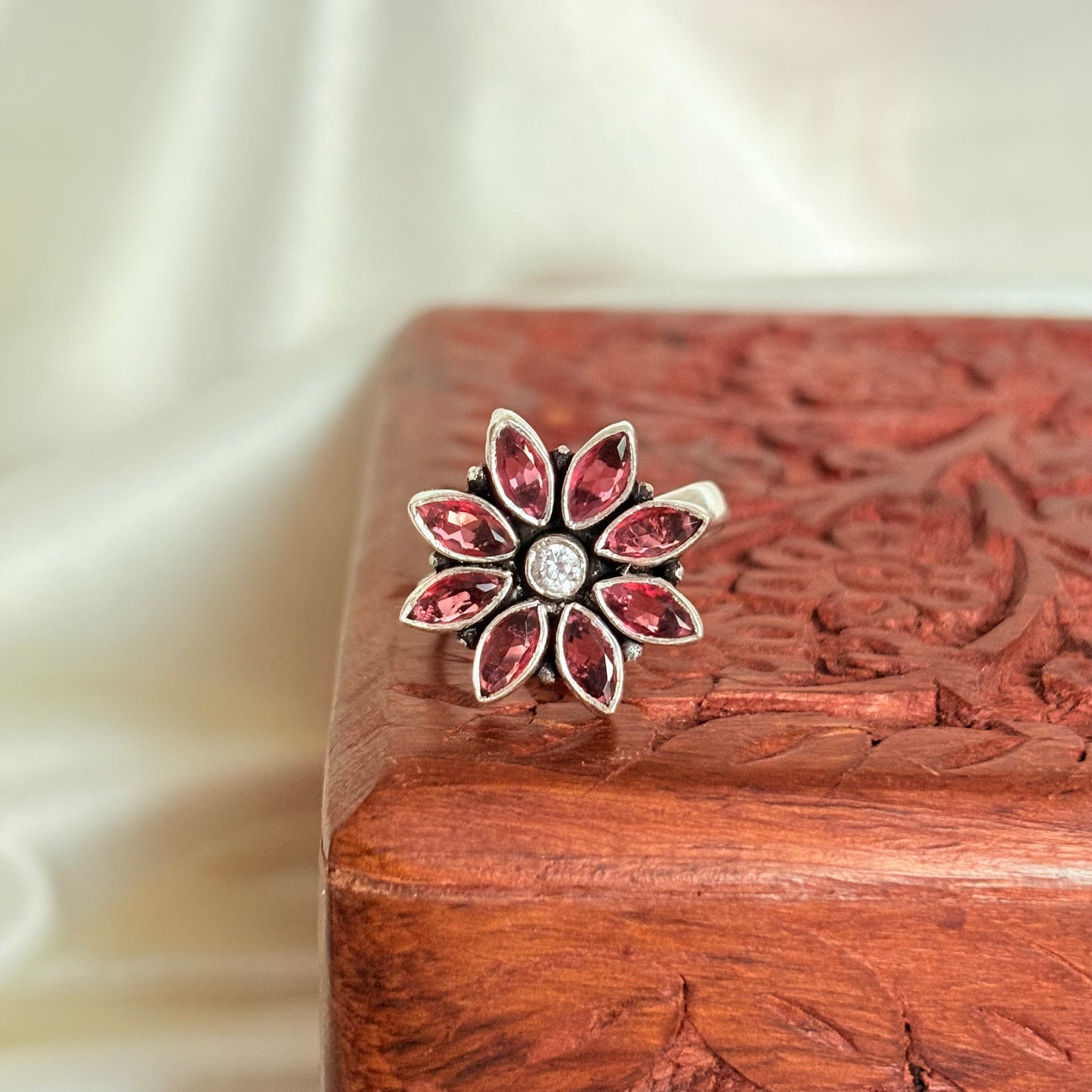 Silver Ruby Floral Minimal Everyday Ring
