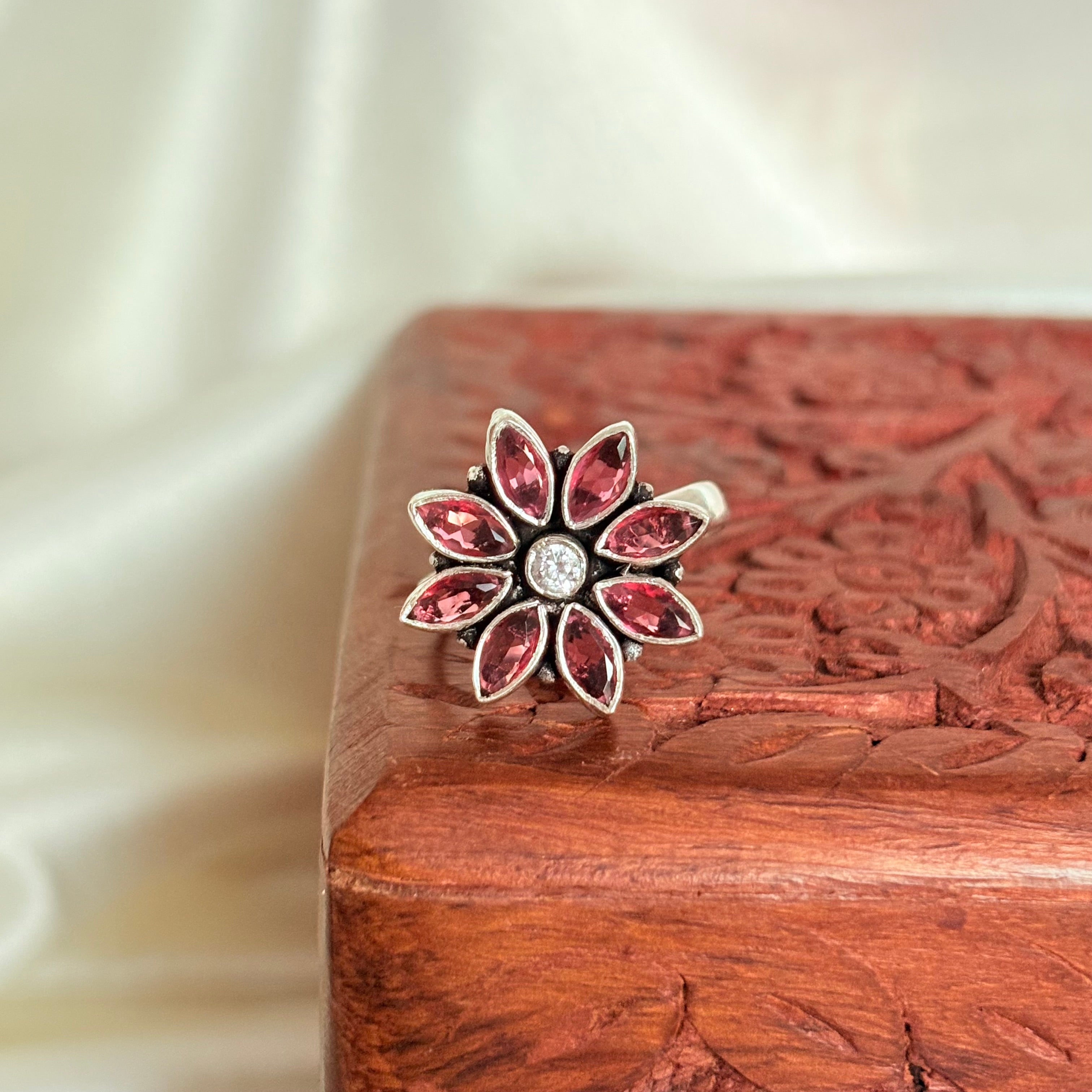 Silver Ruby Floral Minimal Everyday Ring