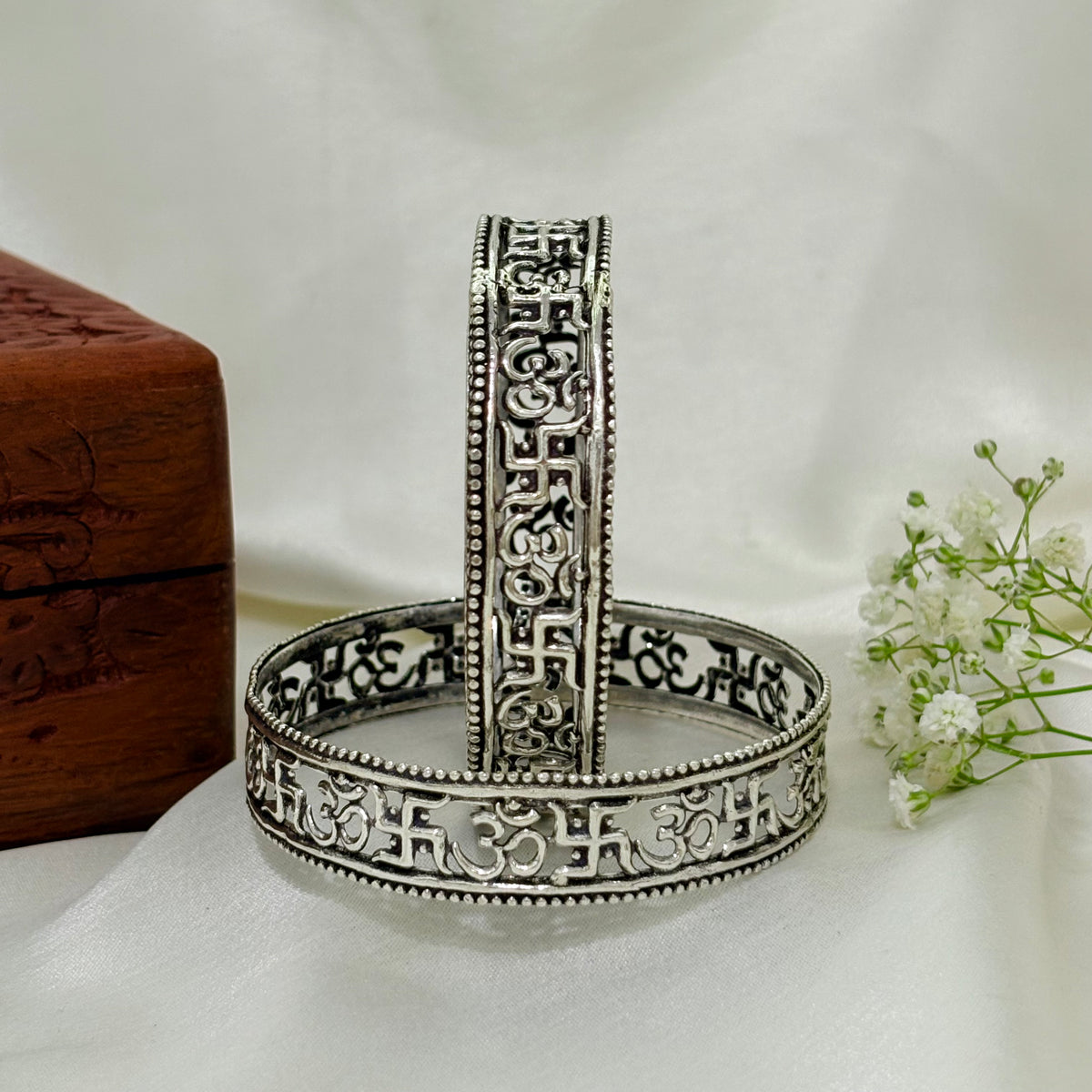 Shubh Swastik Divine Om Engraved Silver Bangle