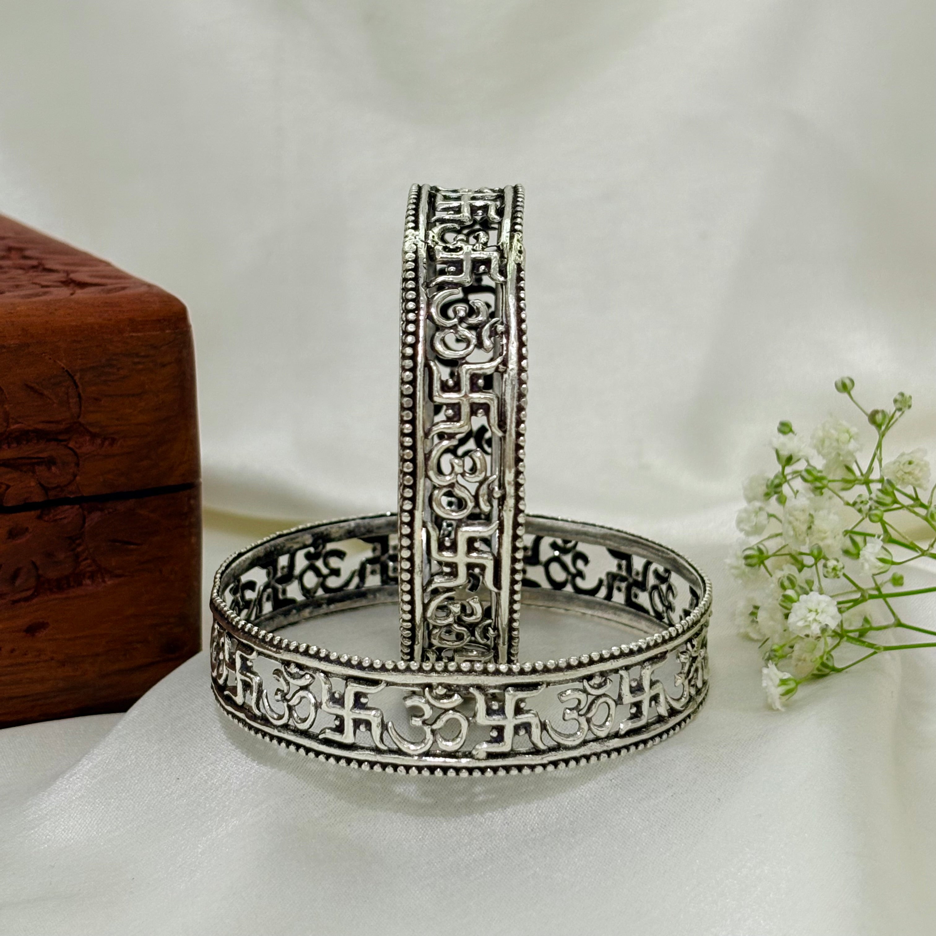 Shubh Swastik Divine Om Engraved Silver Bangle
