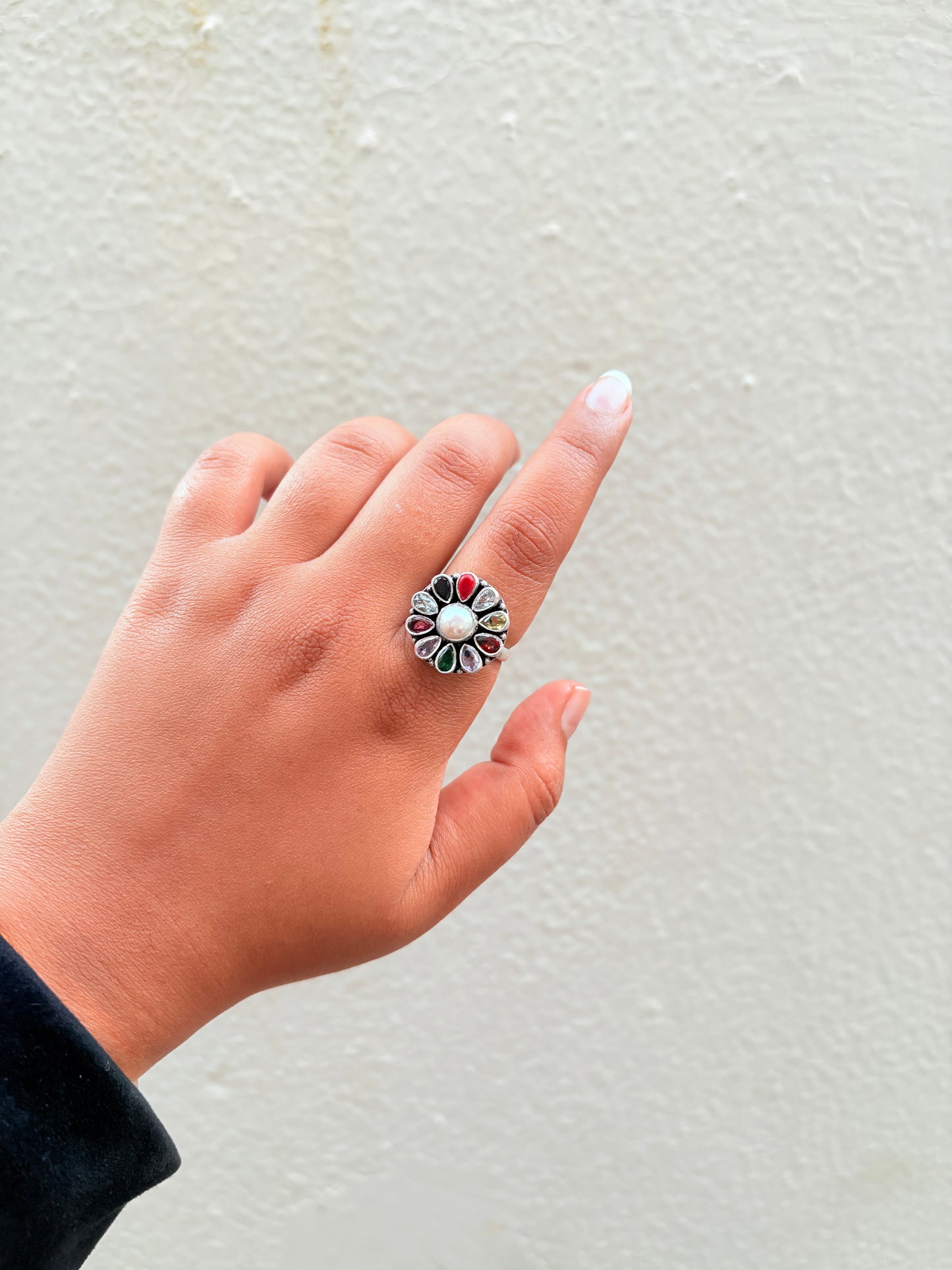 Pure Silver Pearl Navratan Ring
