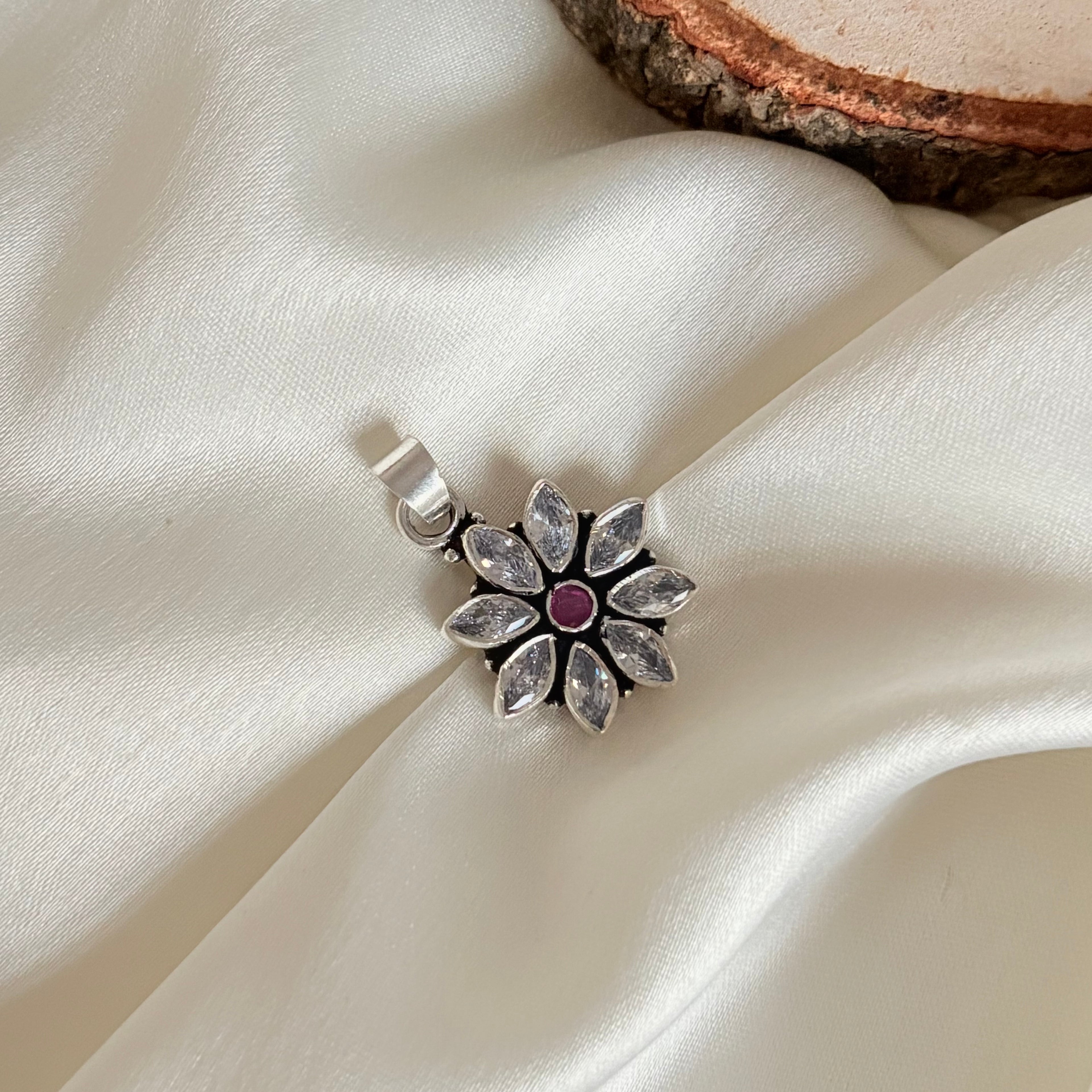 Sterling Silver Zircon Ruby Floral Pendant
