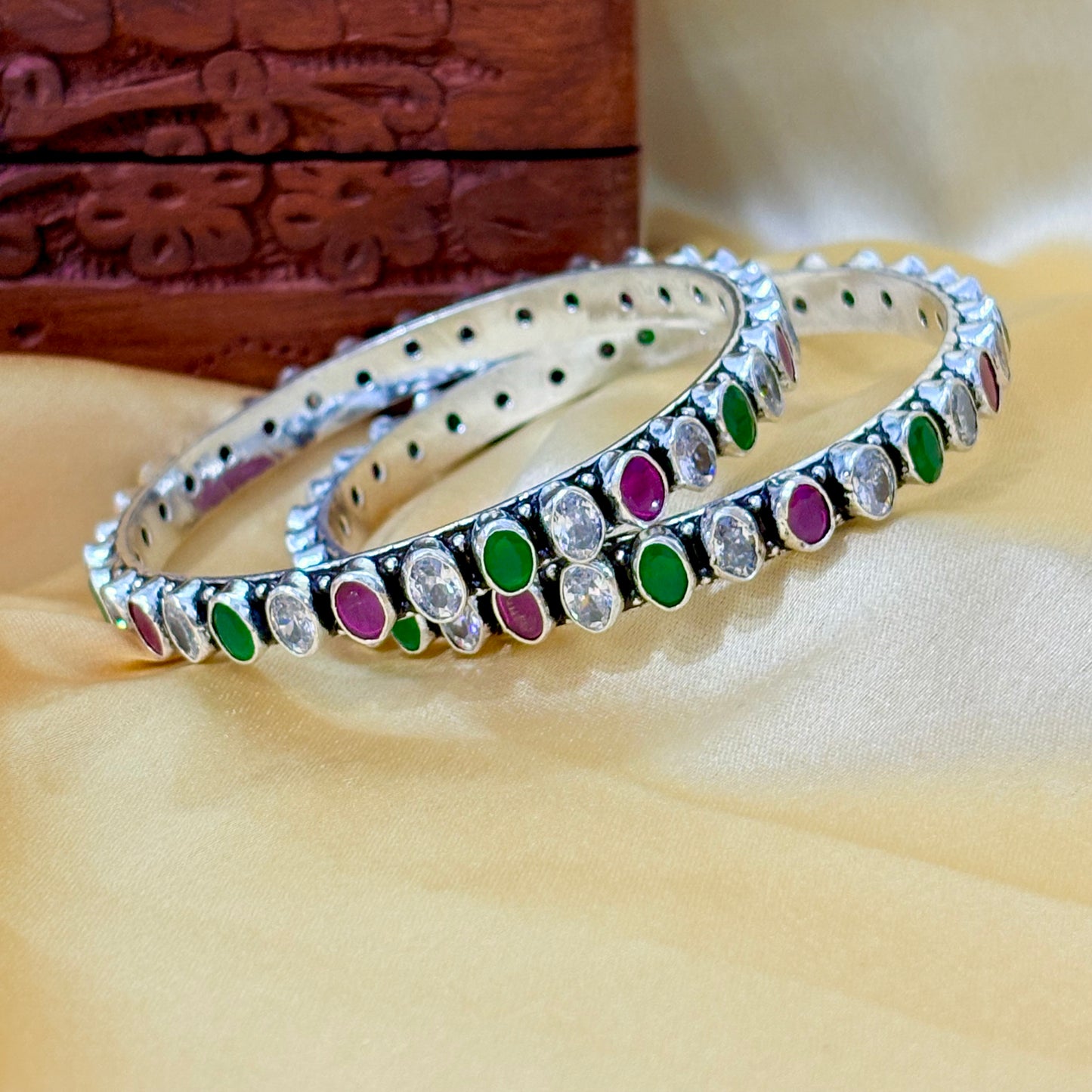 Multicolor Oval Shape Stone Silver Bangle