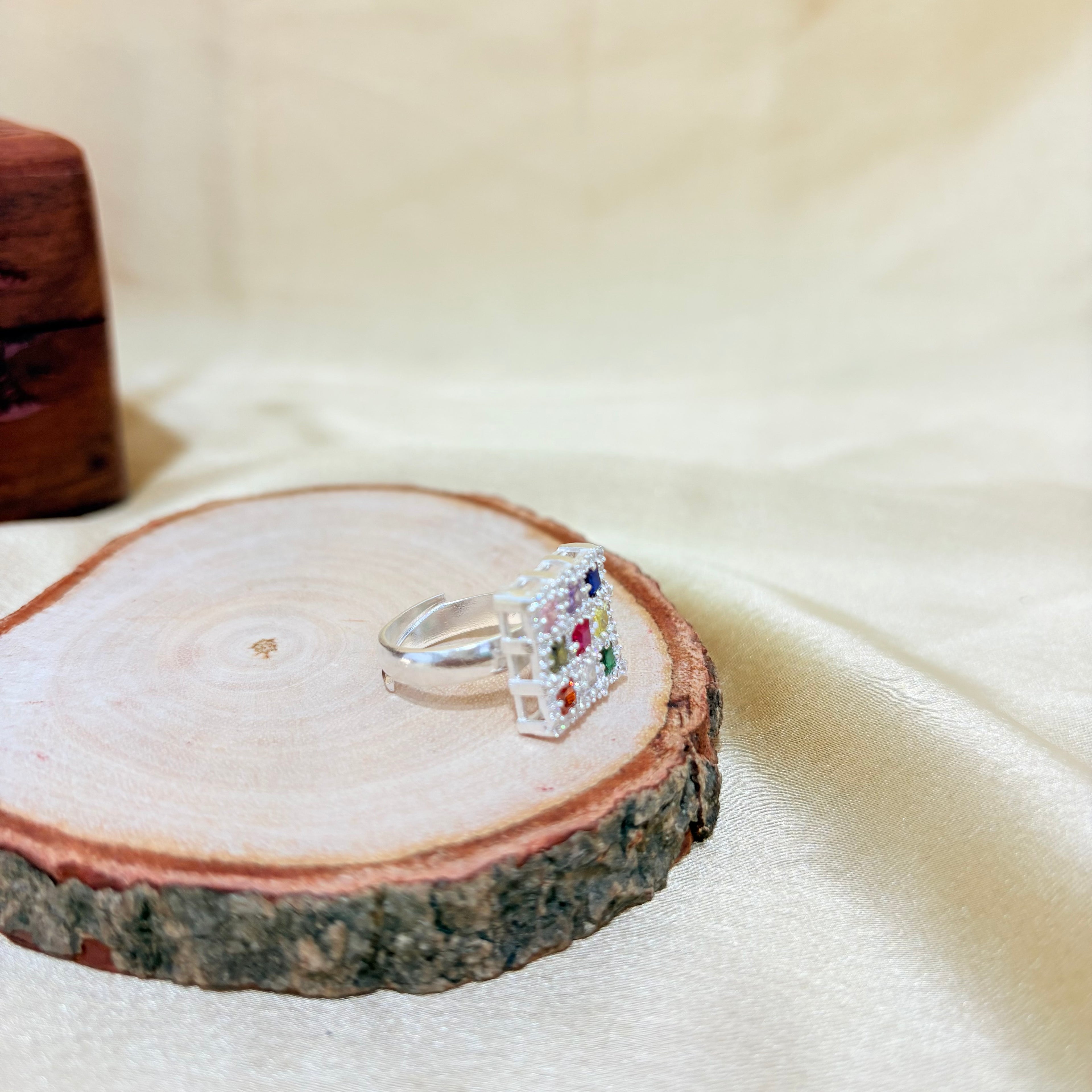 Pure 925 Navratan Minimilist Silver Ring Adjustable