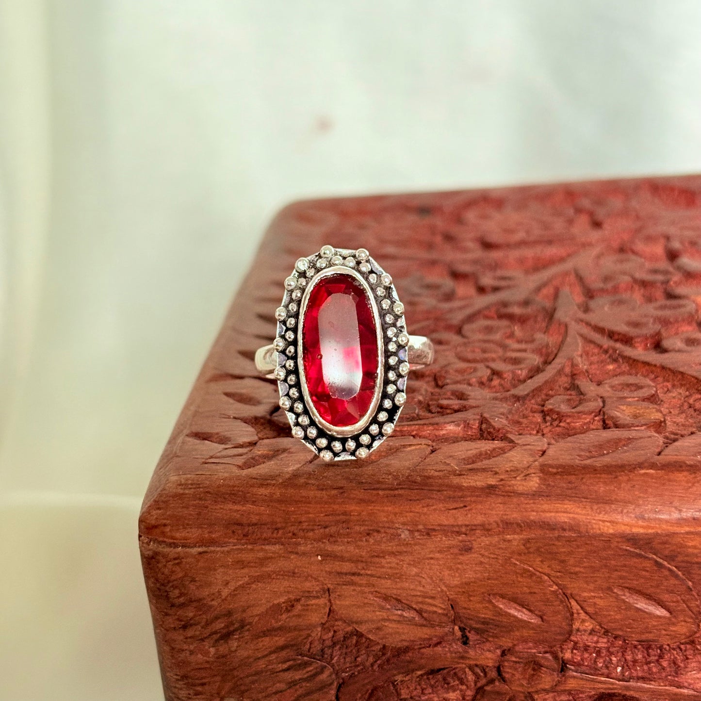 Vintage Ruby Red Gemstone Silver Ring