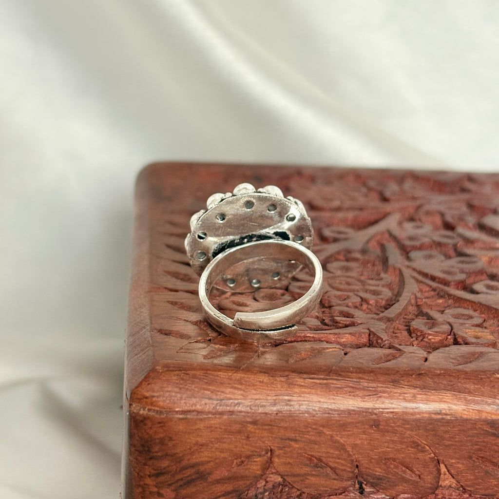 Turquoise Boho Floral Silver Adjustable Ring