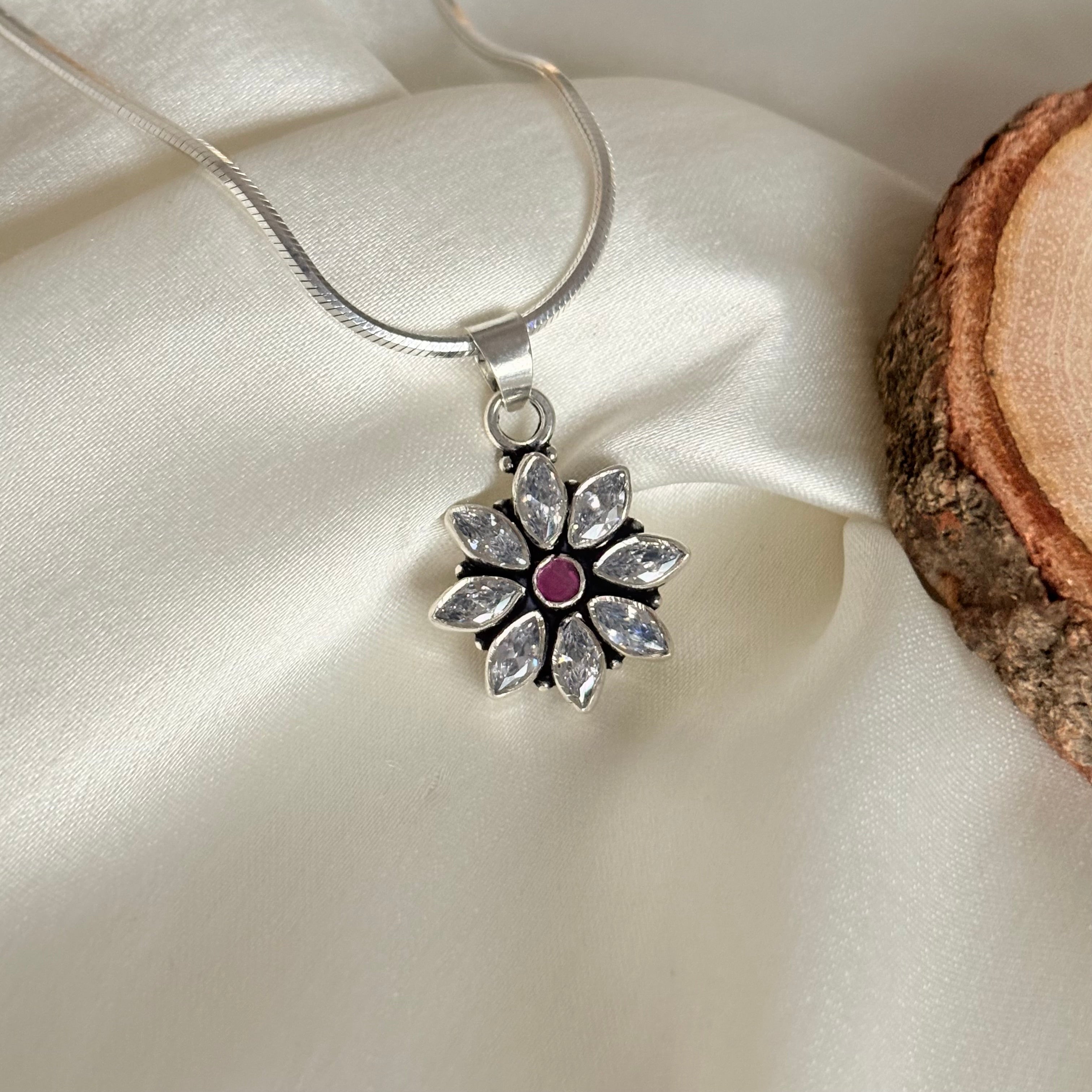 Sterling Silver Zircon Ruby Floral Pendant