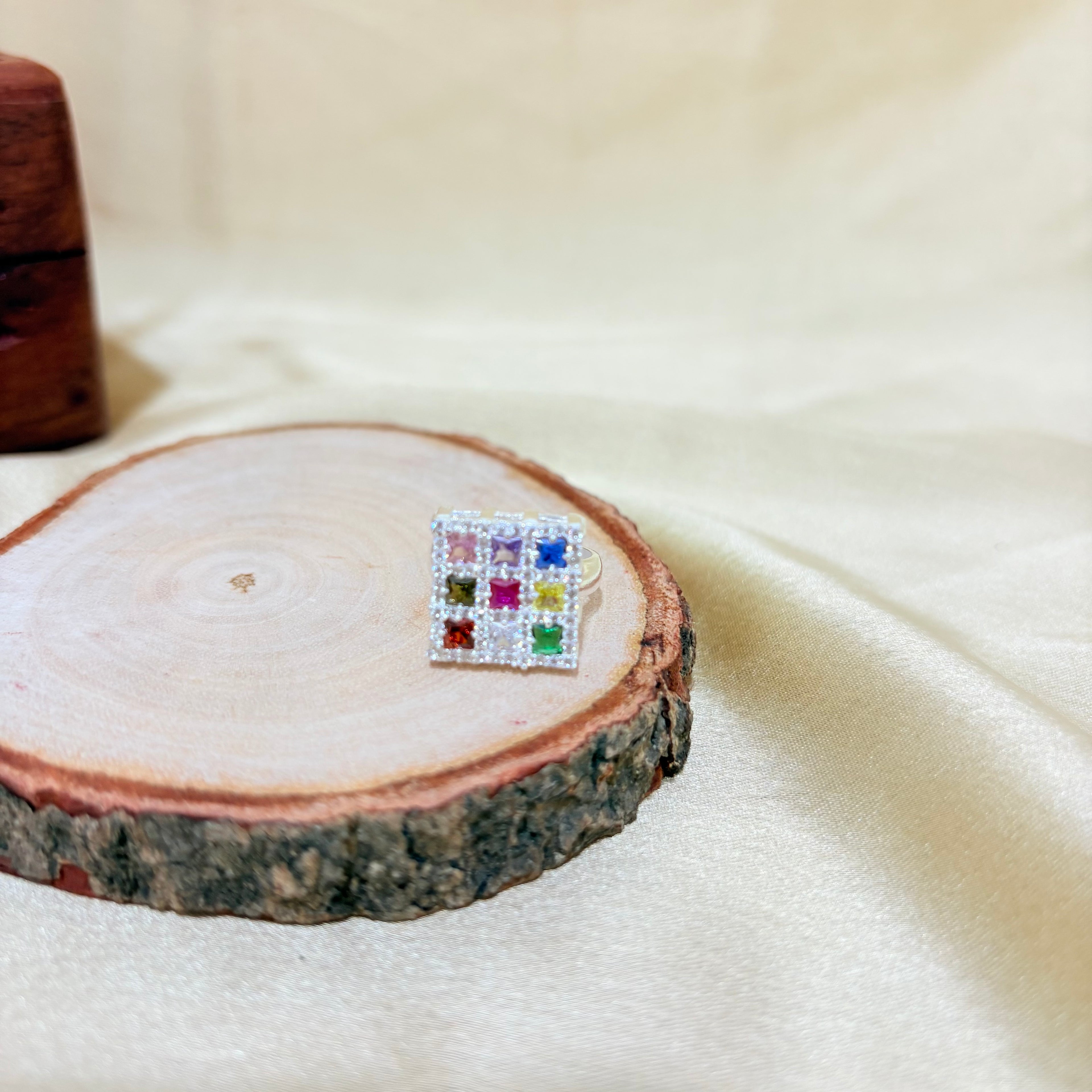 Pure 925 Navratan Minimilist Silver Ring Adjustable