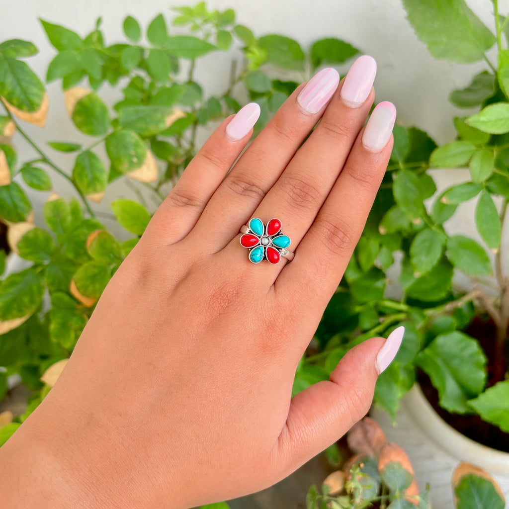 Tribal Blossom Turquoise Coral Cocktail Silver Ring