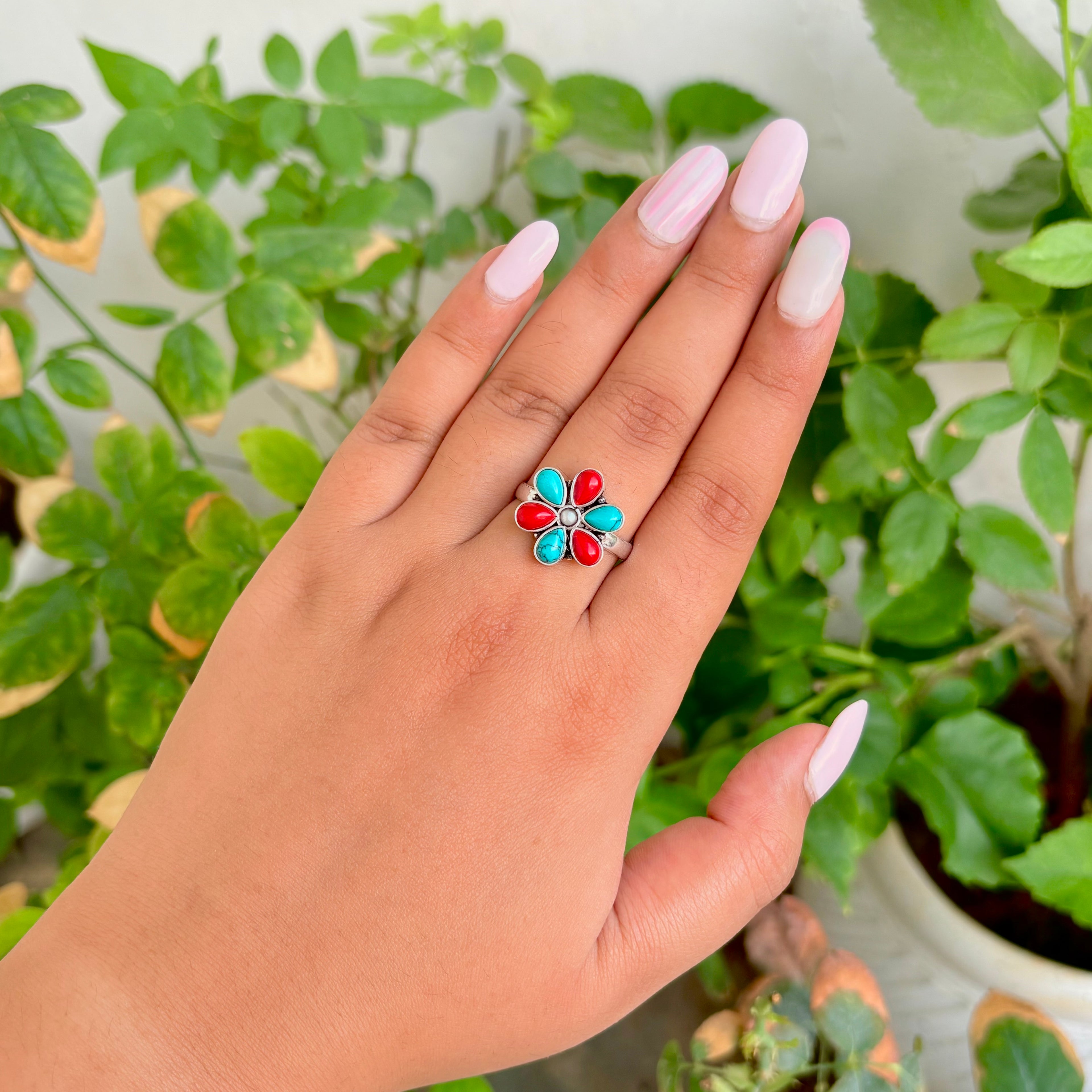 Tribal Blossom Turquoise Coral Cocktail Silver Ring