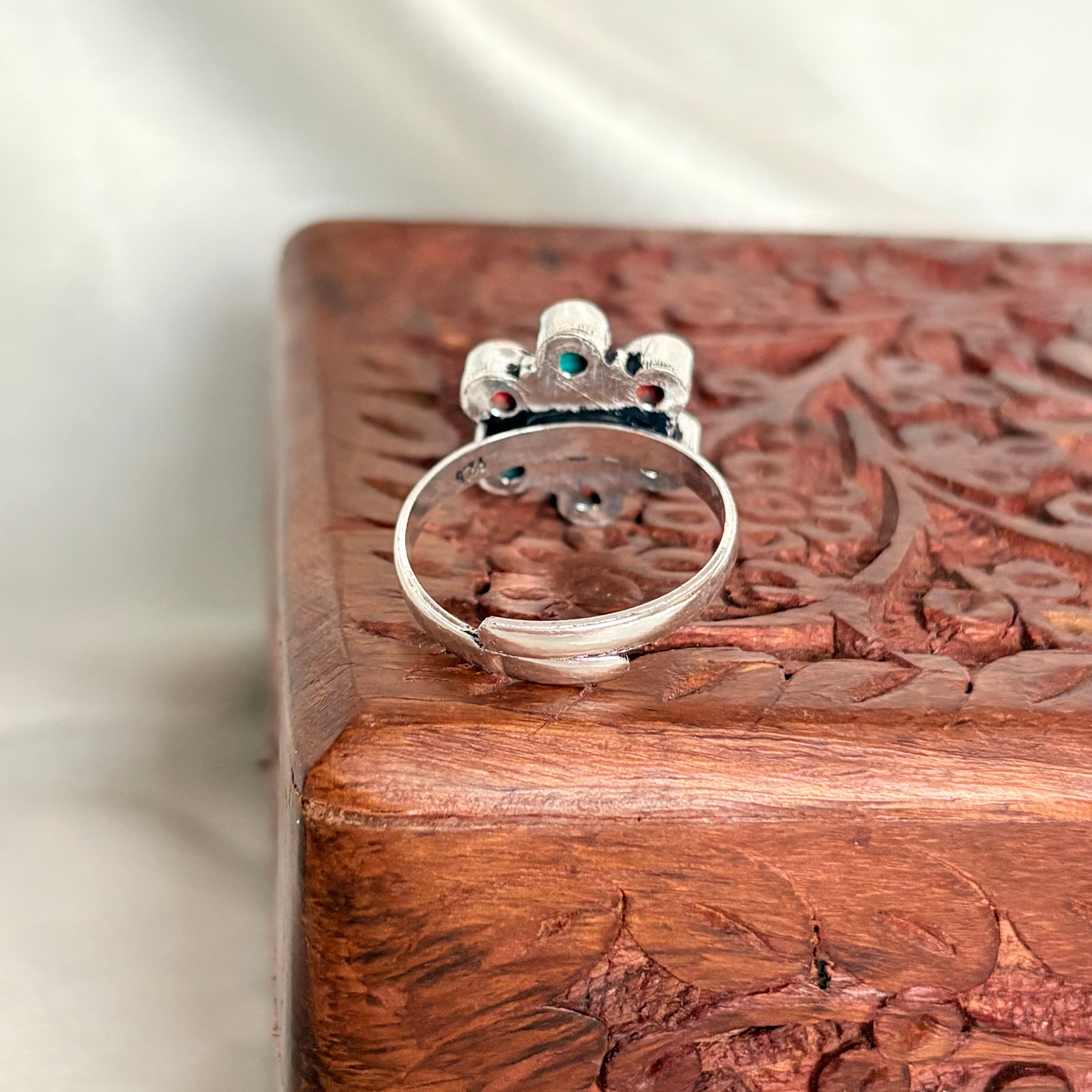 Tribal Blossom Turquoise Coral Cocktail Silver Ring