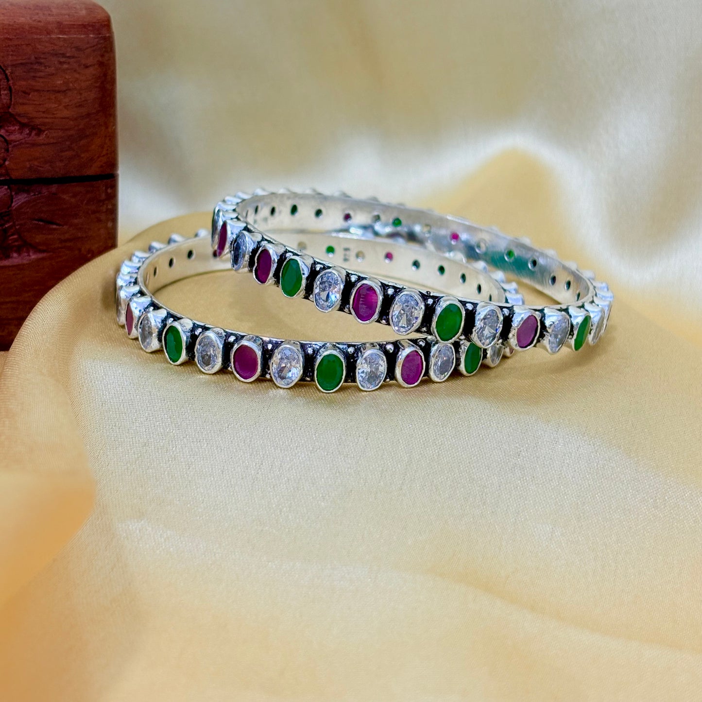Multicolor Oval Shape Stone Silver Bangle