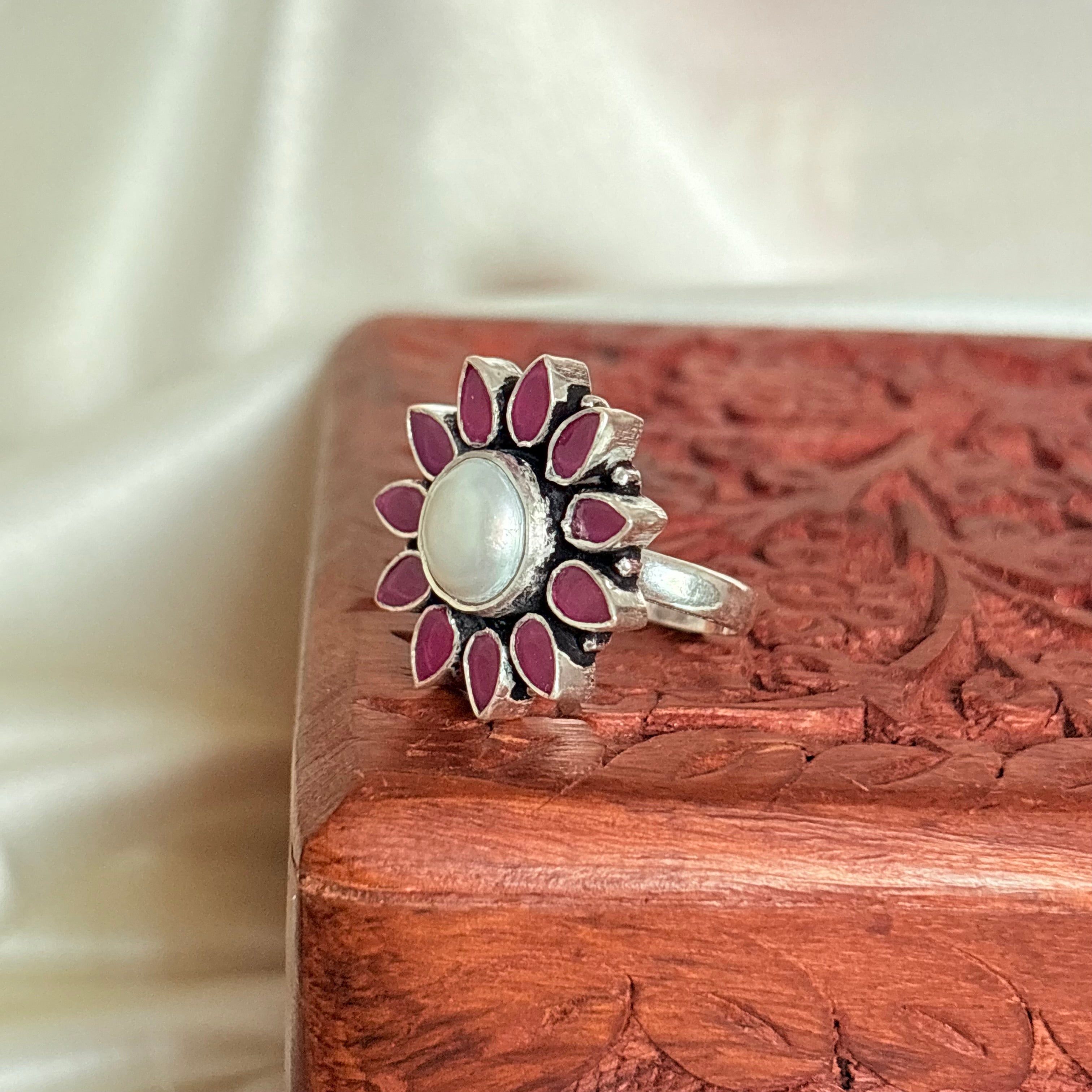 Pearl Ruby Blossom Silver Statement Ring