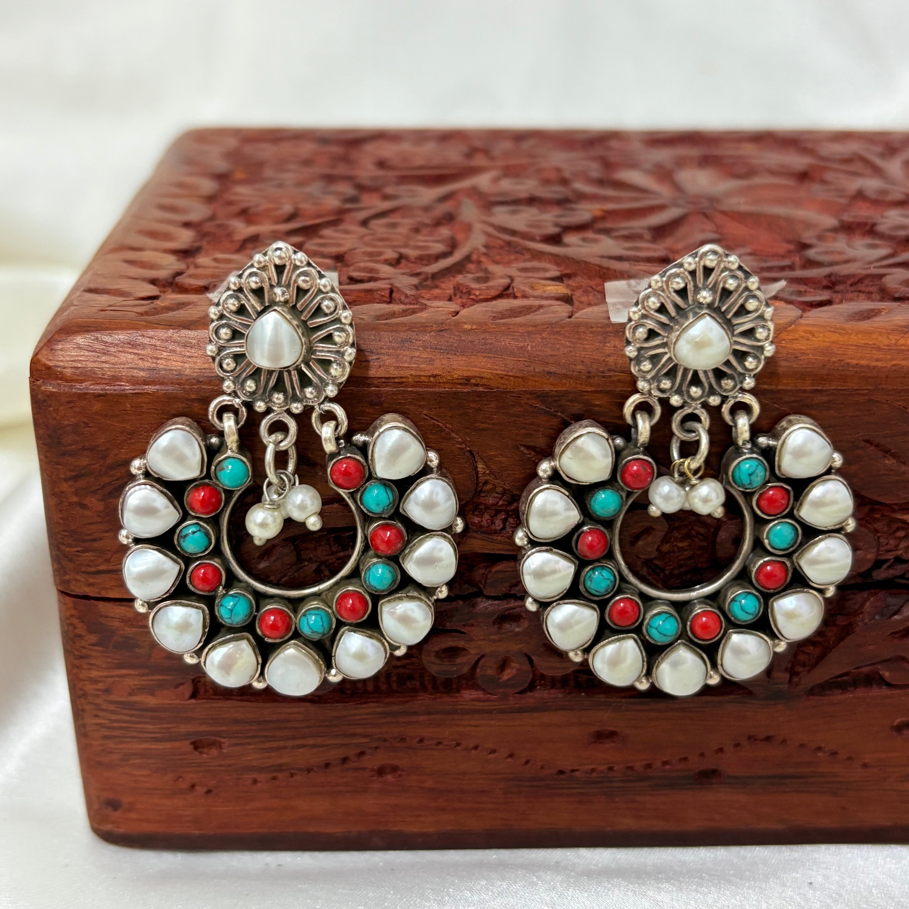 Heritage Silver Pearl Chandbali Jhumkas
