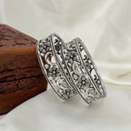 Lotus Grace Oxidized Silver Bangle