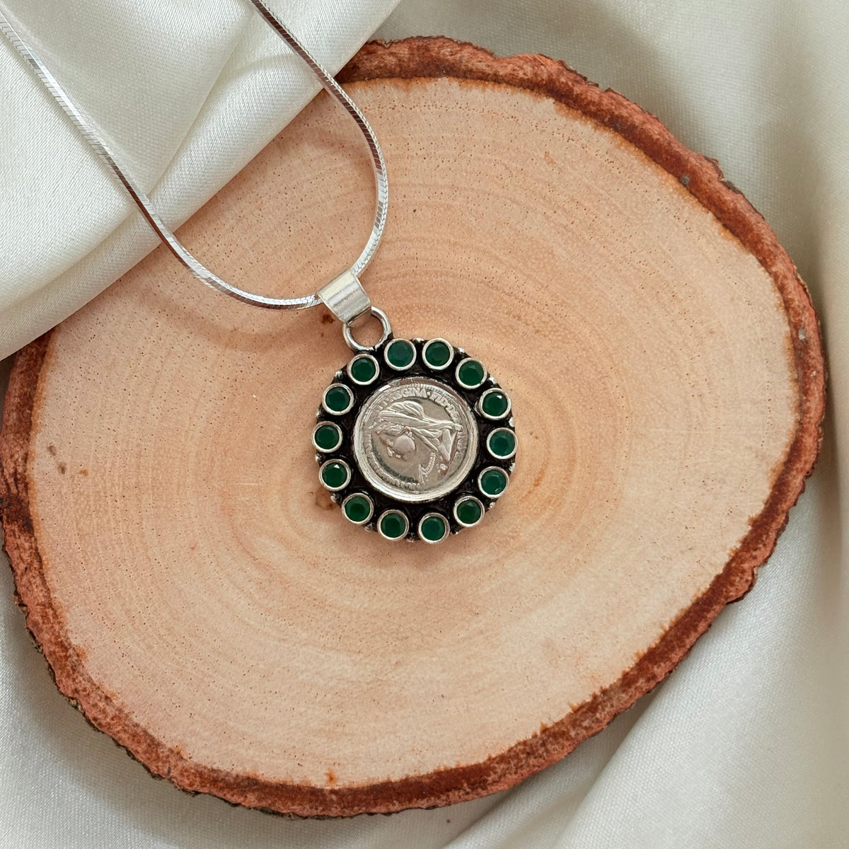 Emerald Silver Coin 925 Silver Pendant