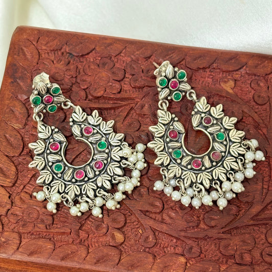 Handcrafted 925 Silver Emerald & Ruby Floral Jhumkas with Leaf Detailing