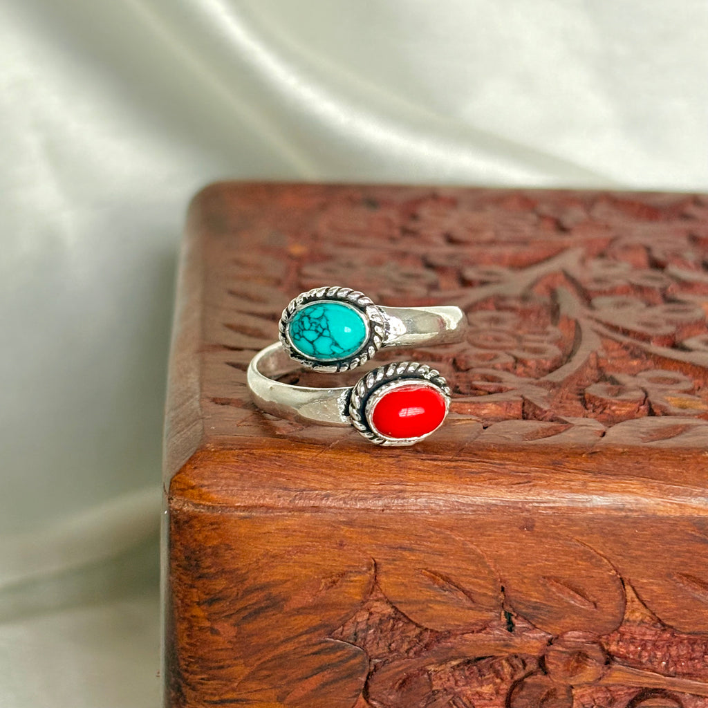 Silver Turquoise and Red Coral Ring