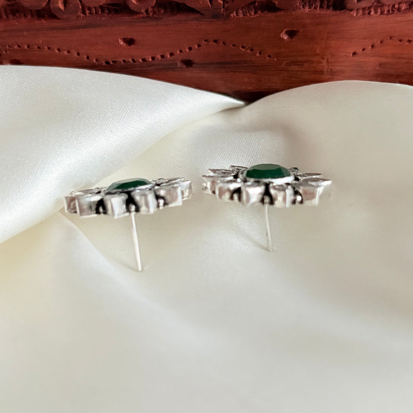 Emerald Glow Halo Silver Studs