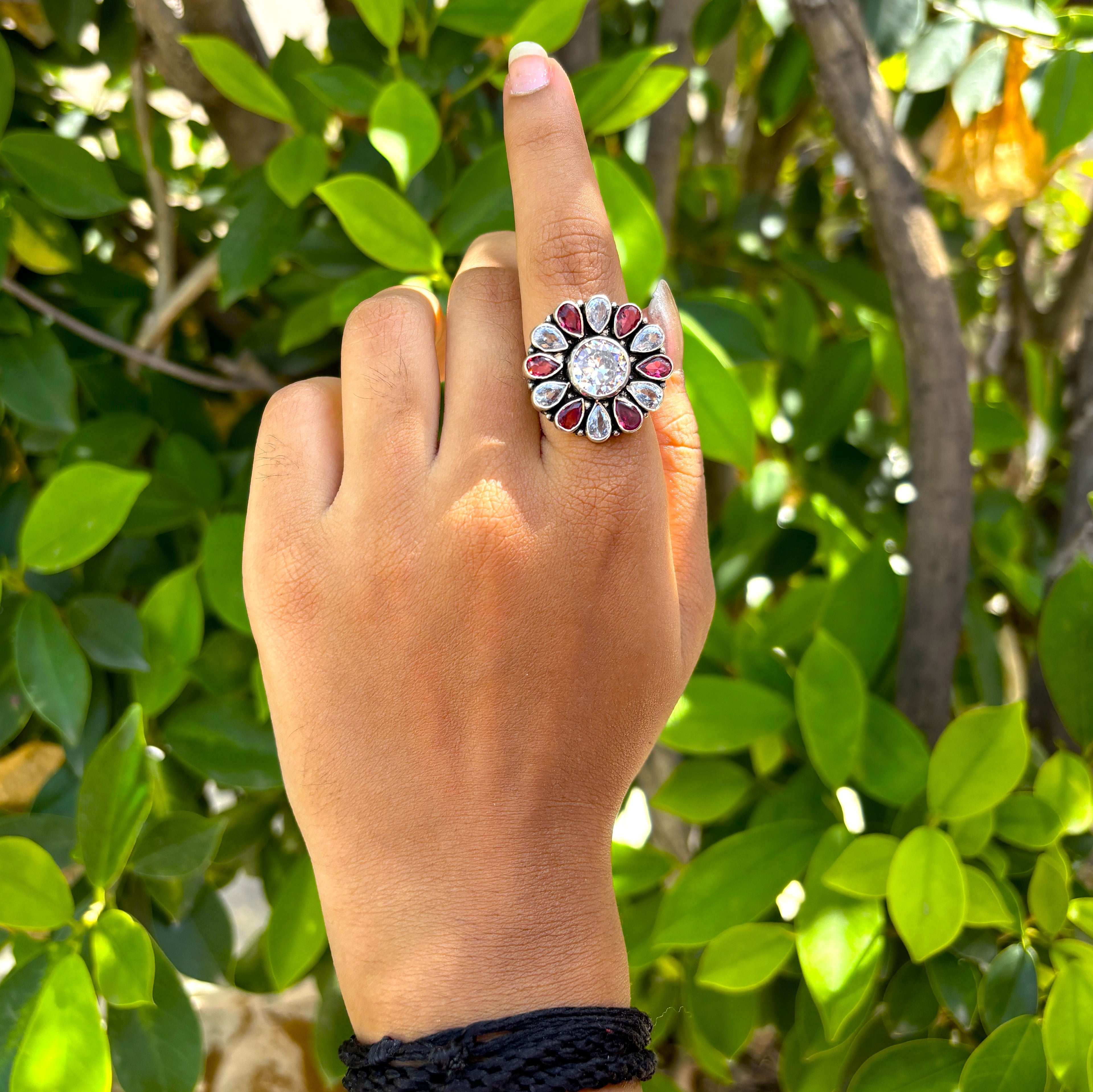 Flower Petal Cubic Zirconia Silver Ring