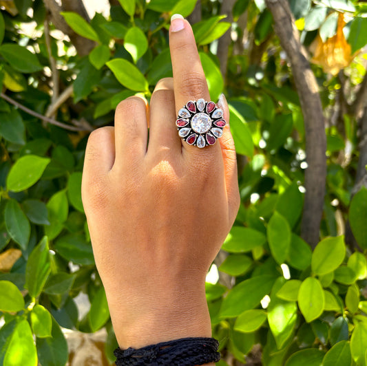Flower Petal Cubic Zirconia Silver Ring