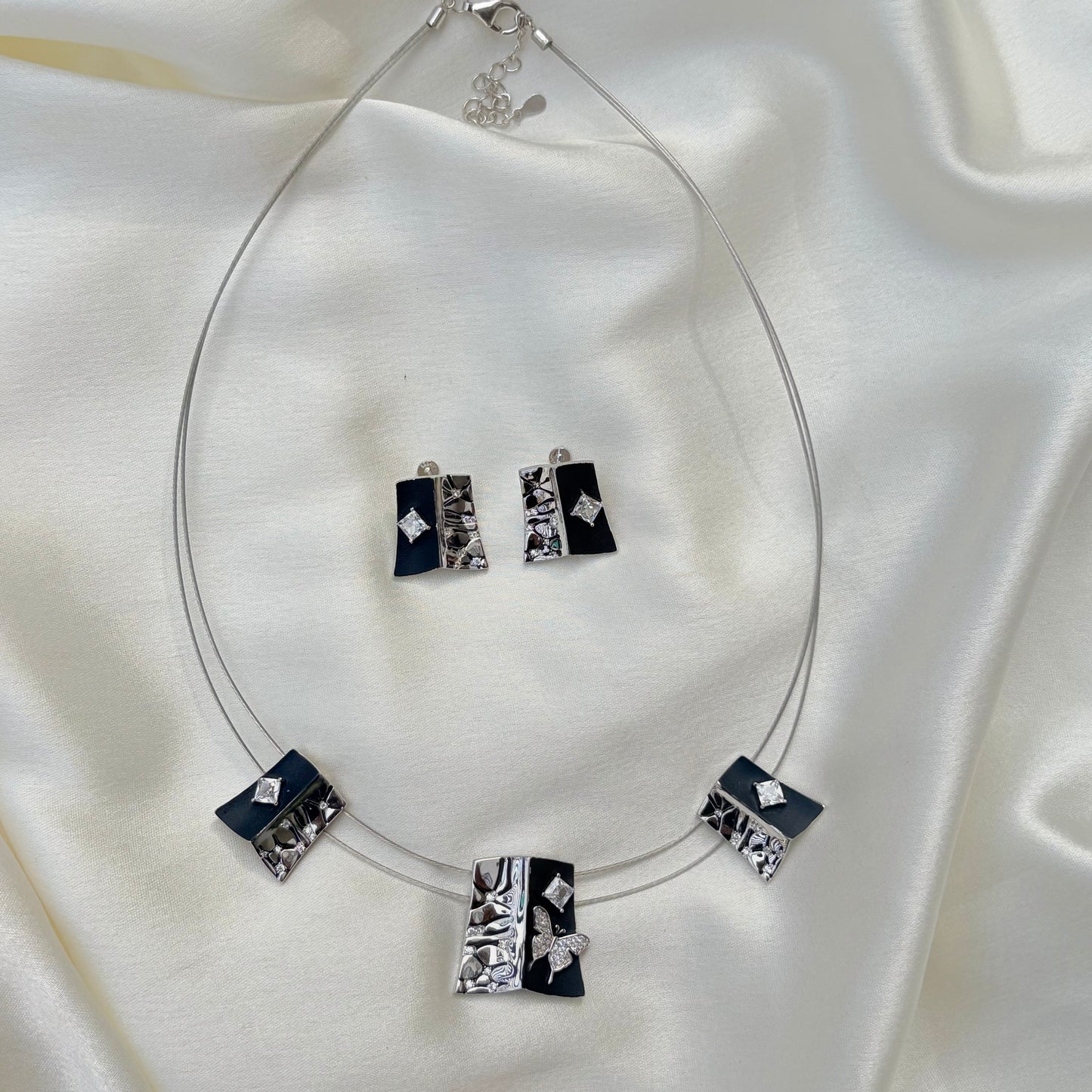 Black Enamel and Sterling Silver Butterfly Jewelry Set