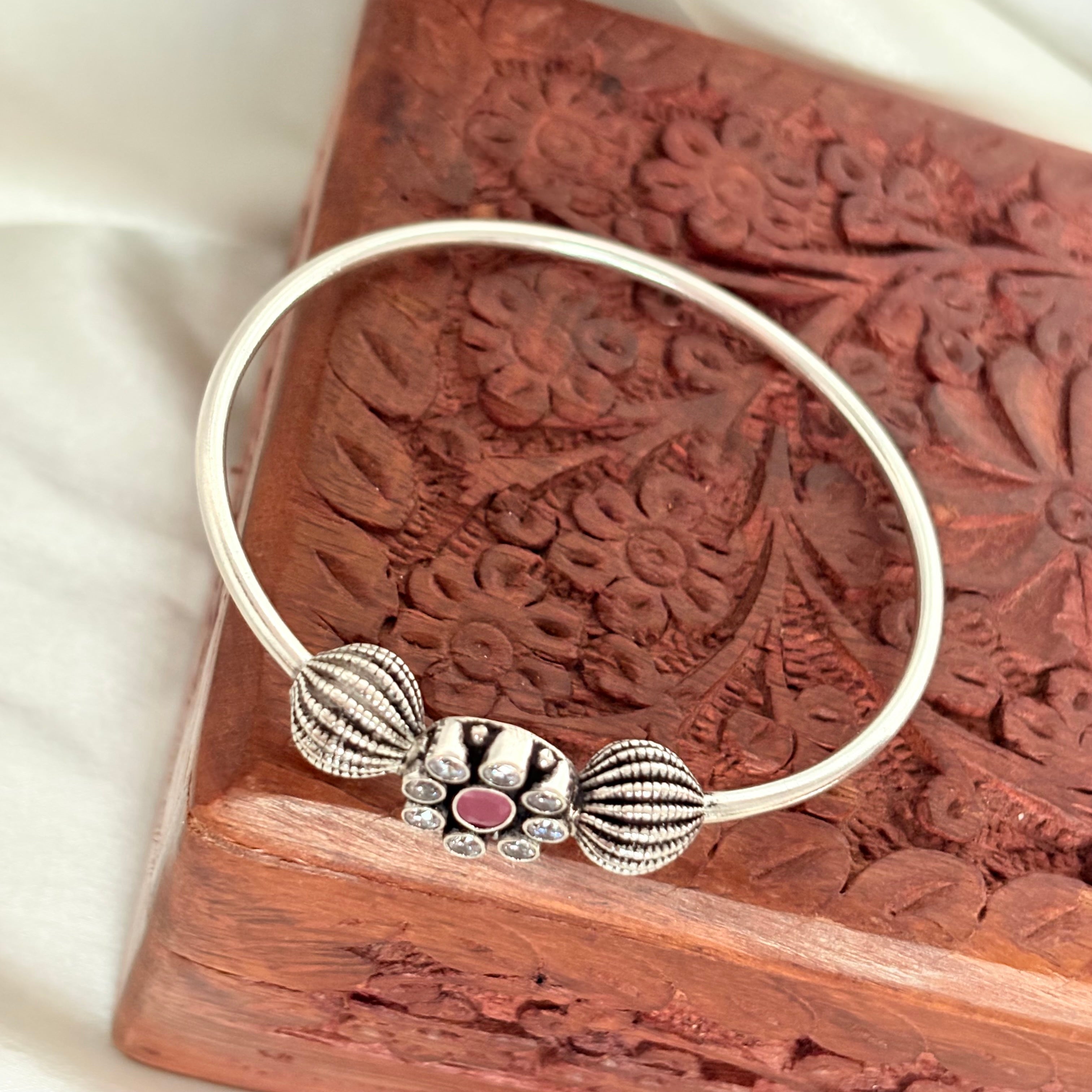 Oxidized Silver Ruby and CZ Floral Cuff Bangle