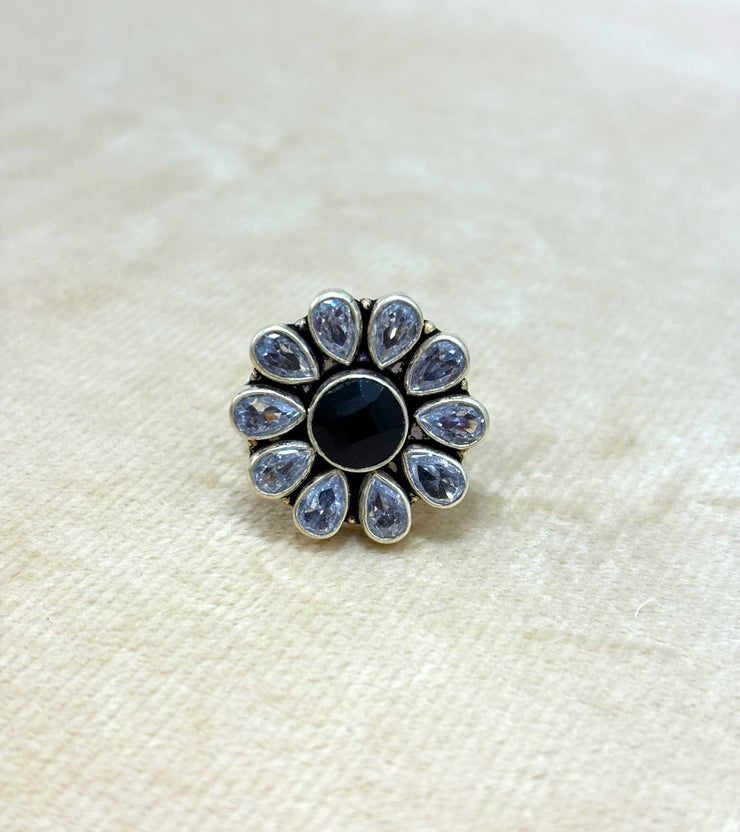 Monochrome Floral Sparkle Silver Ring