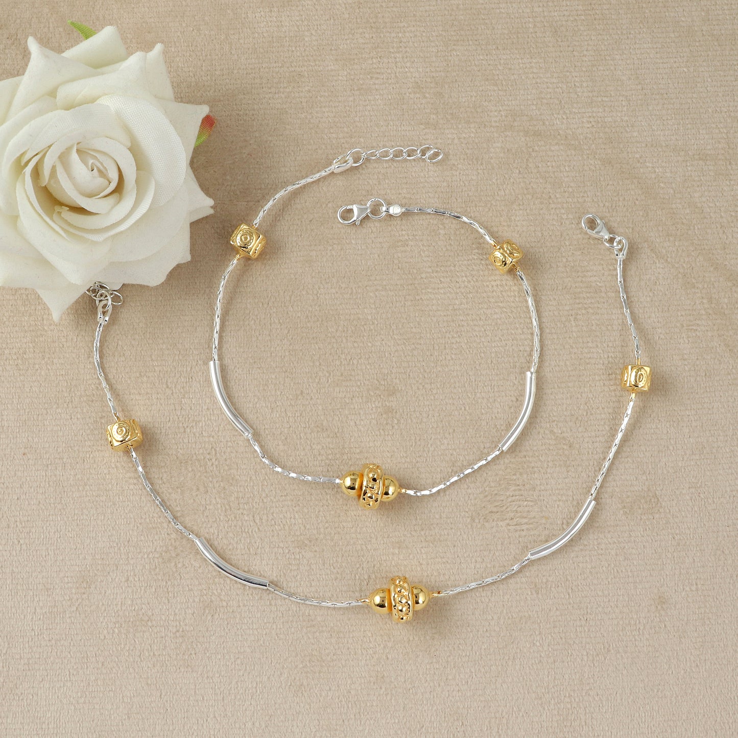 Twin Glow Dual-Tone Silver Anklet