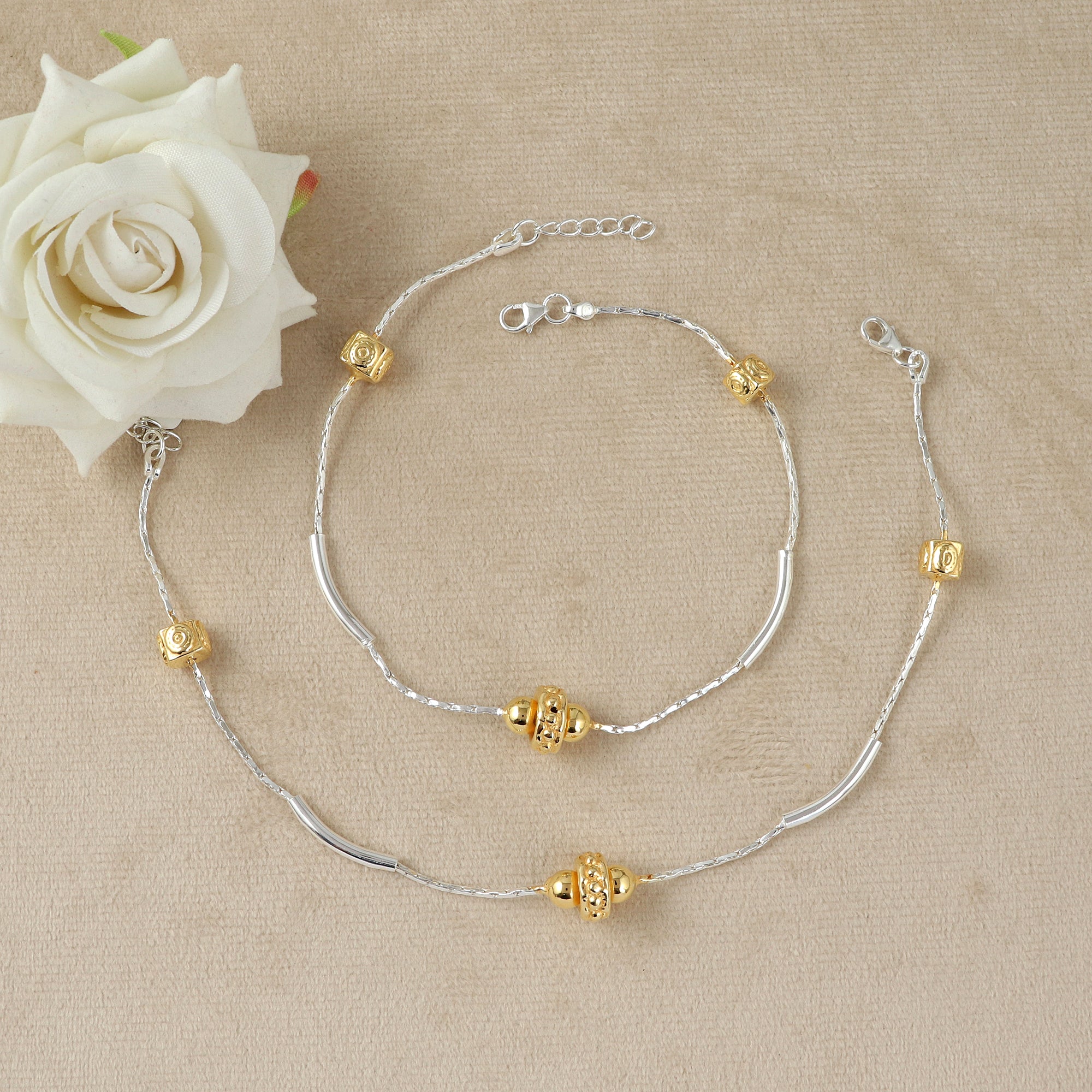 Twin Glow Dual-Tone Silver Anklet