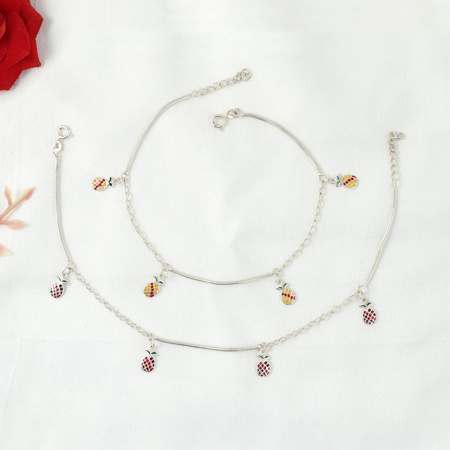 Silver Pineapple Charm Snake Anklet
