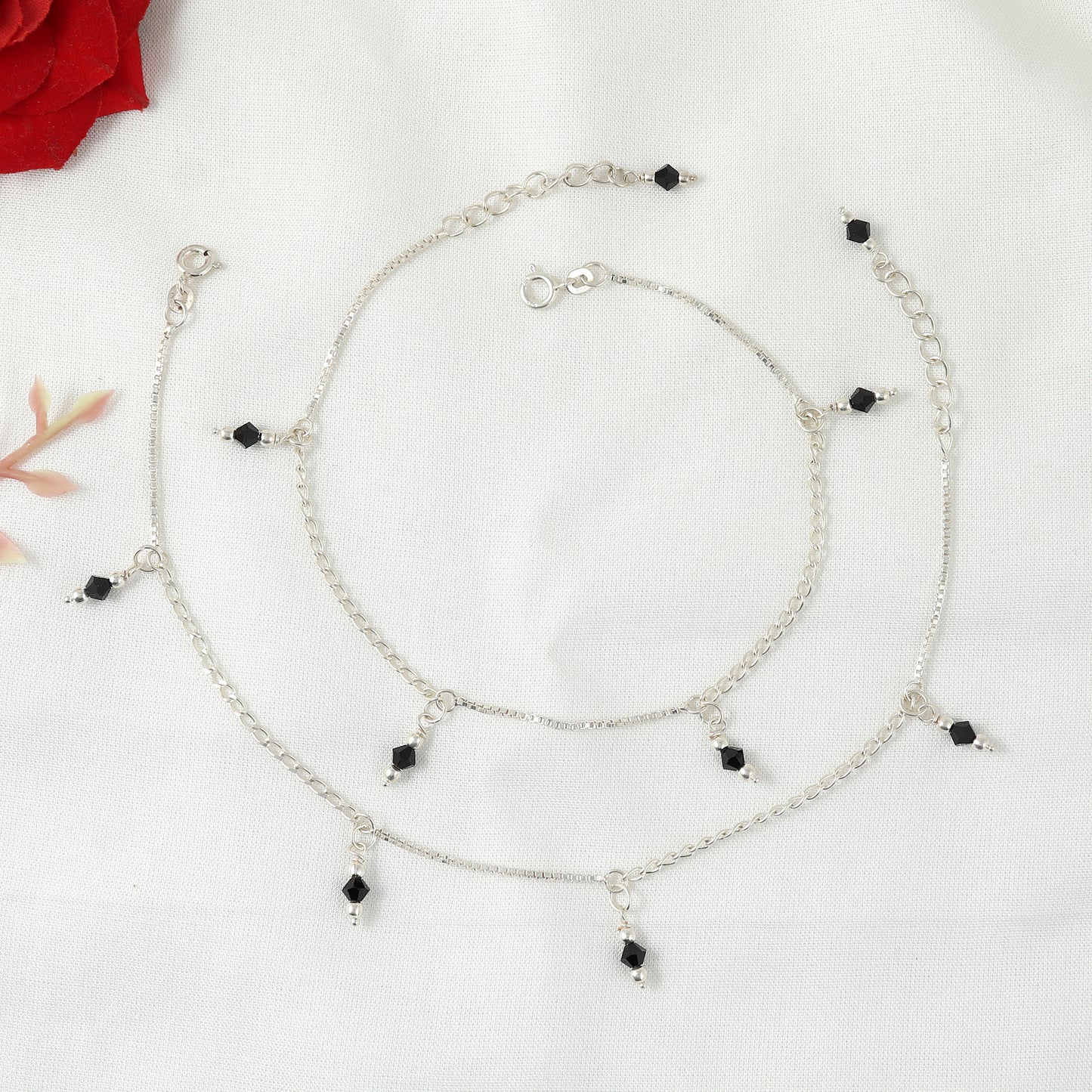 Silver Anklet with Black Beads