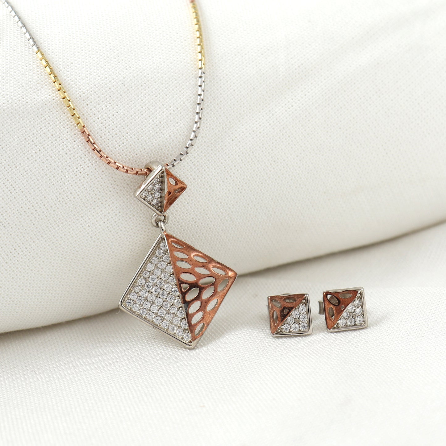 Sterling Silver Geometric Rose Gold Crystal Set