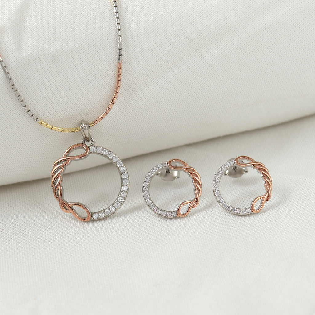 Rose Gold Twist Circle Silver Pendant Set