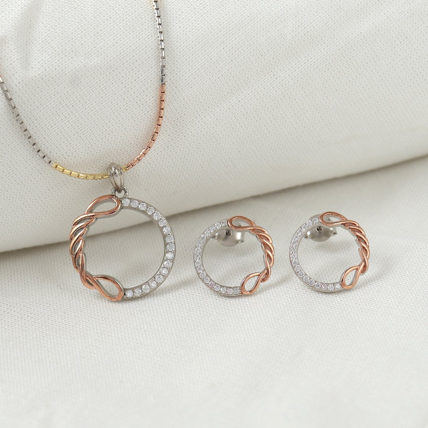 Rose Gold Twist Circle Silver Pendant Set