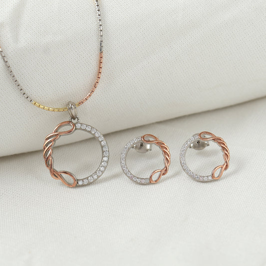 Rose Gold Twist Circle Silver Pendant Set