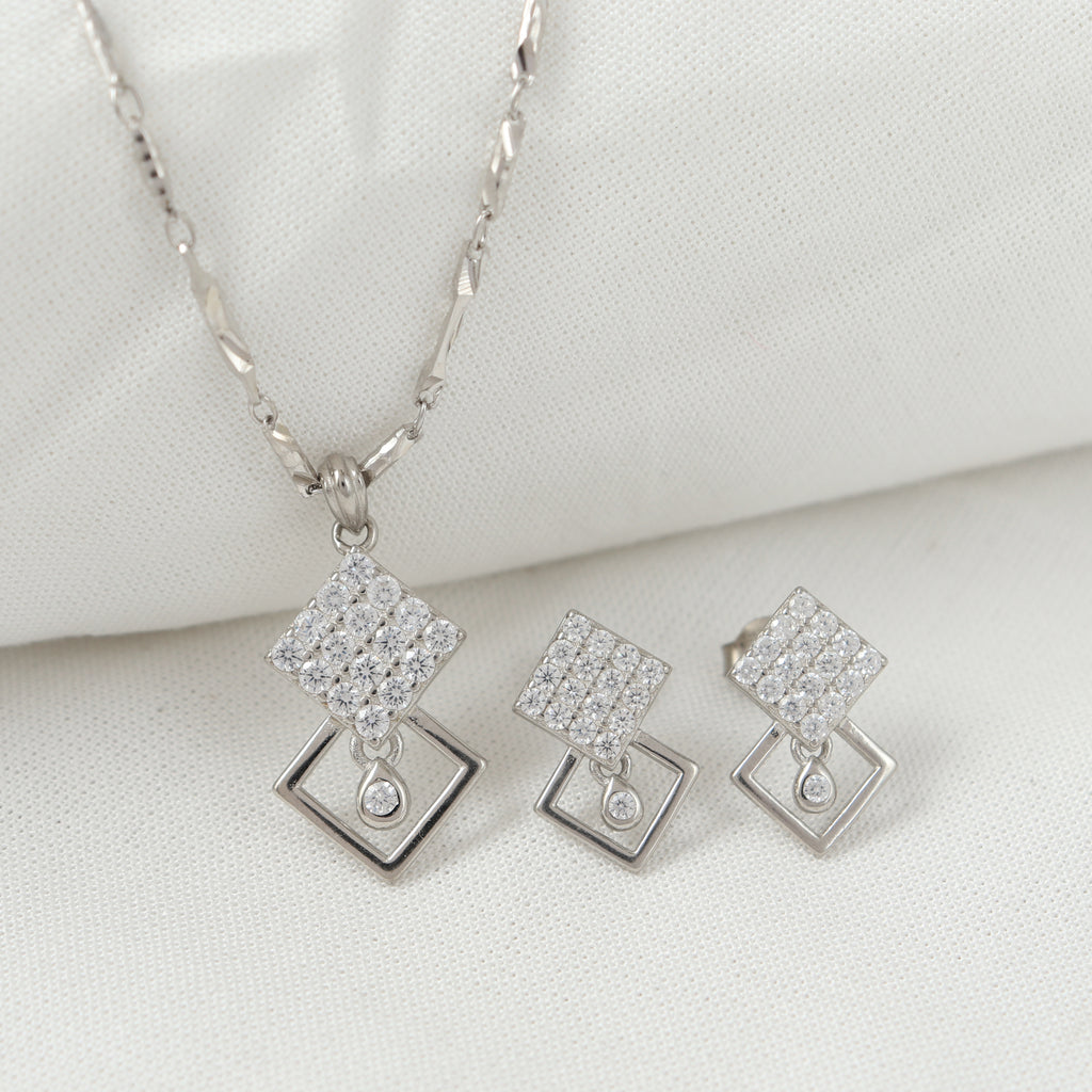 Crystal Square Drop Silver Pendant Set