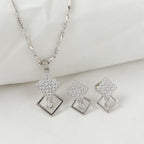 Crystal Square Drop Silver Pendant Set