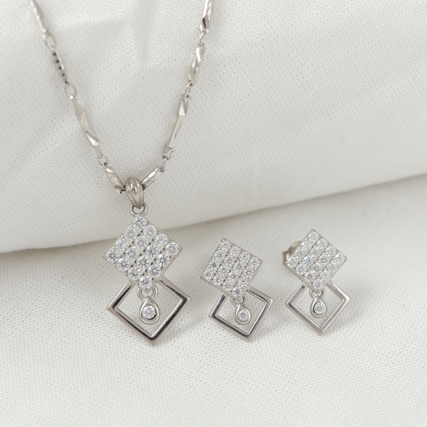 Crystal Square Drop Silver Pendant Set