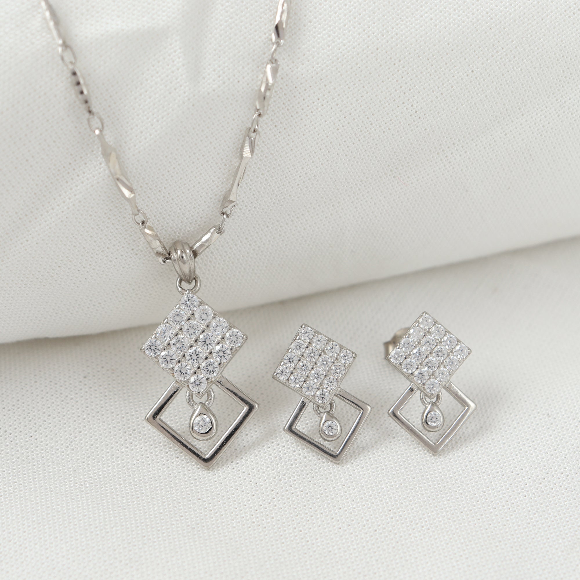 Crystal Square Drop Silver Pendant Set