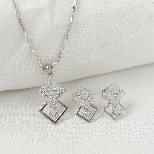 Crystal Square Drop Silver Pendant Set