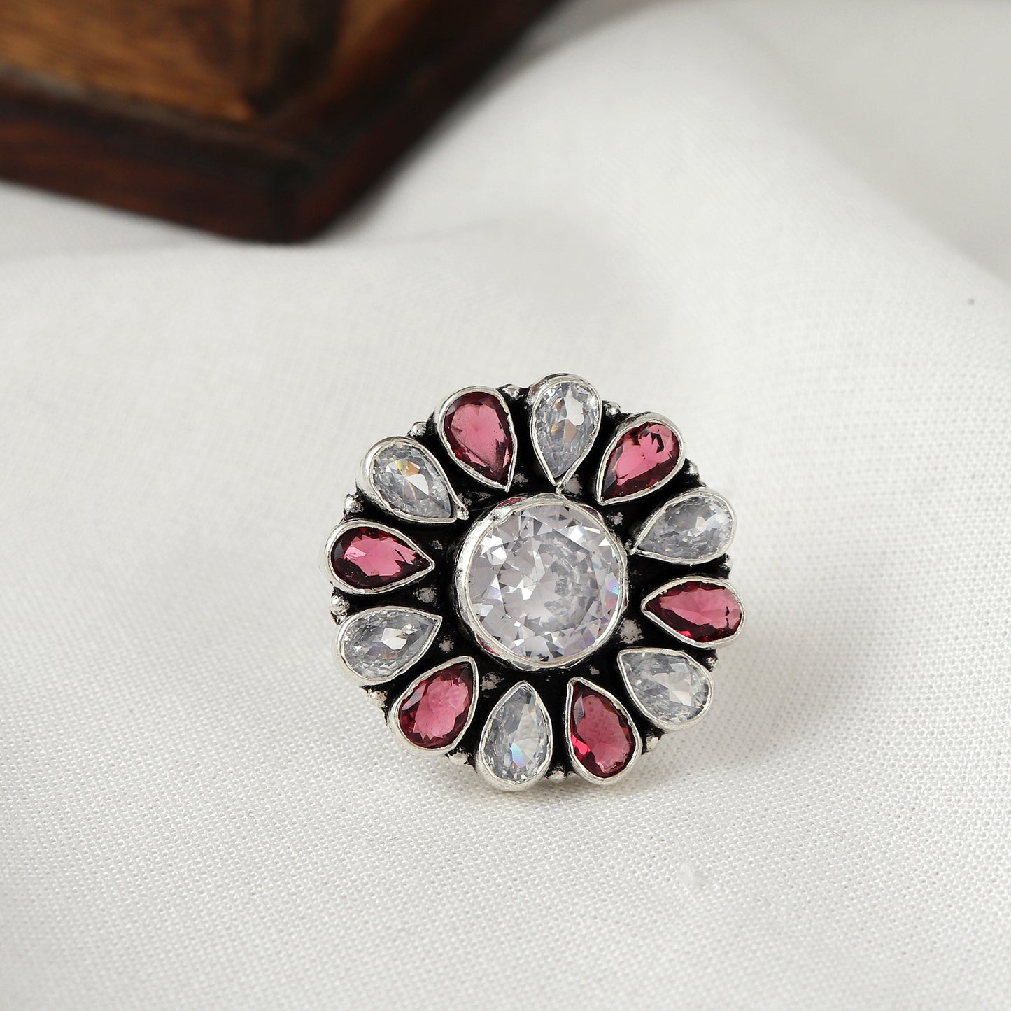 Flower Petal Cubic Zirconia Silver Ring