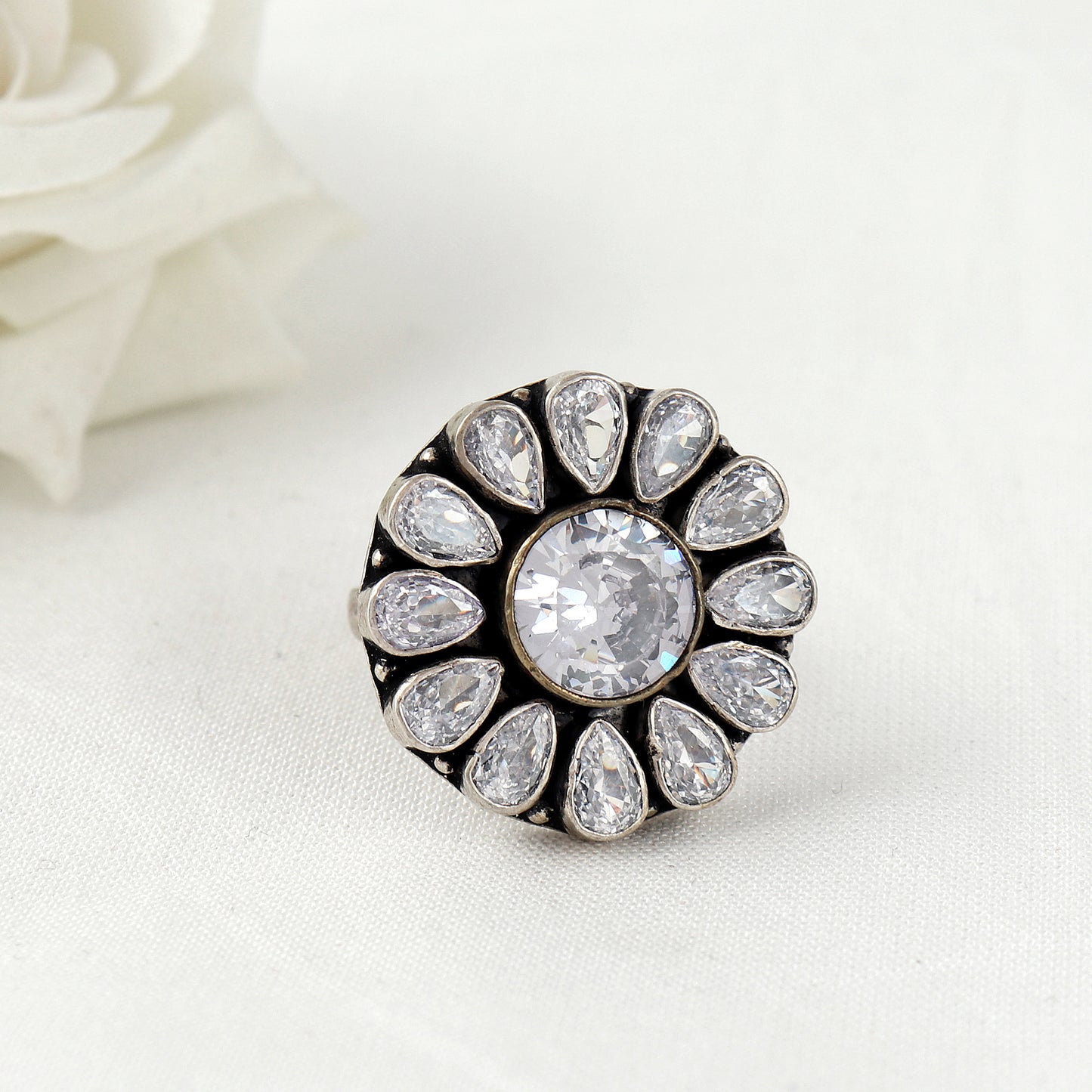 Flower Petal Cubic Zirconia Silver Ring