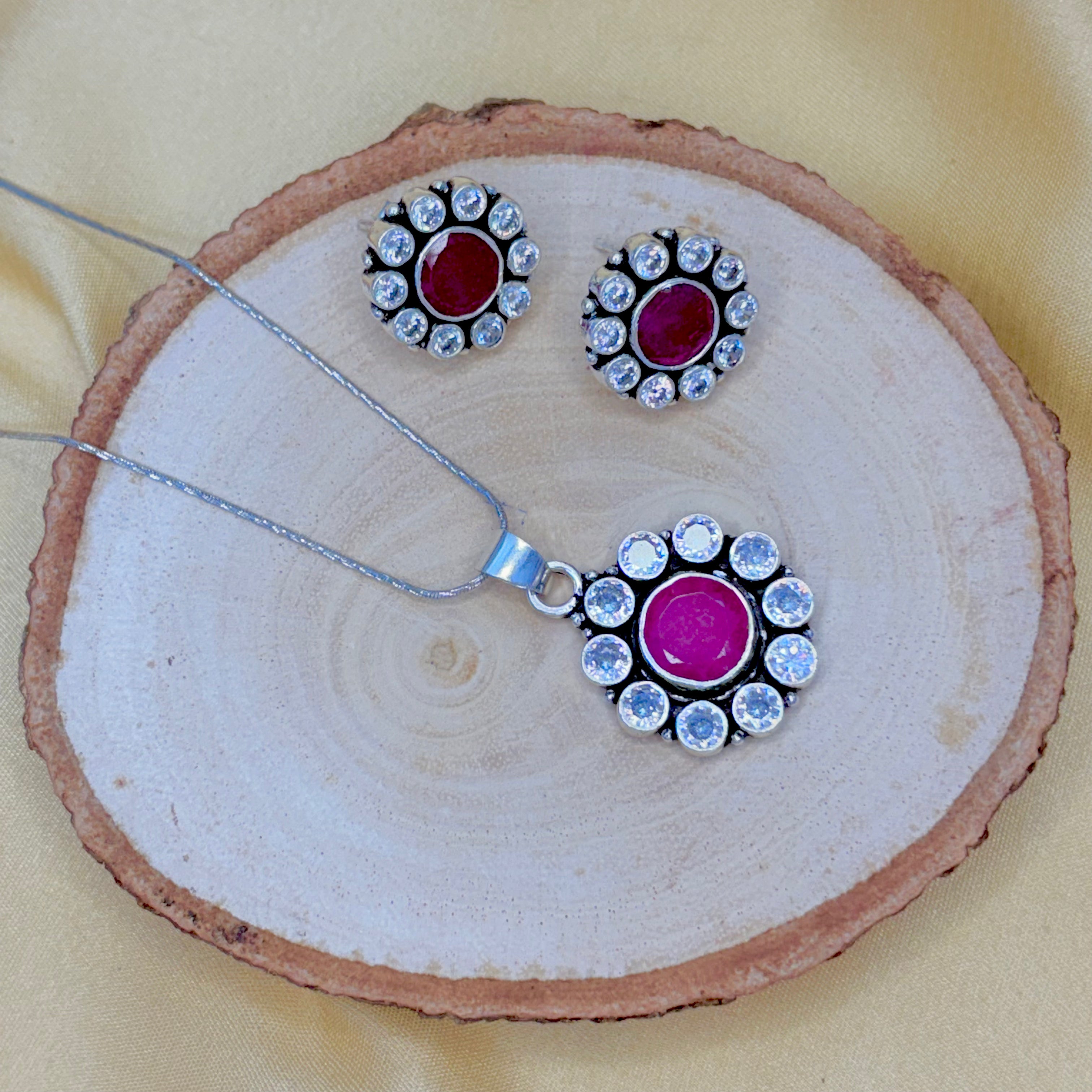 Blossom Ruby Cubic Zircoina Silver Pendant Set