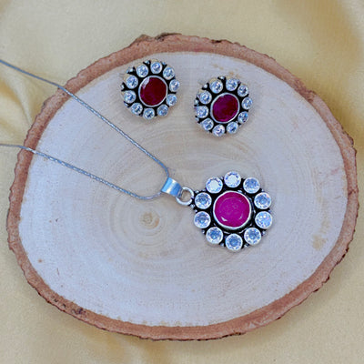 Blossom Ruby Cubic Zircoina Silver Pendant Set