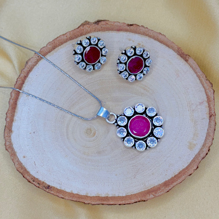 Blossom Ruby Cubic Zircoina Silver Pendant Set