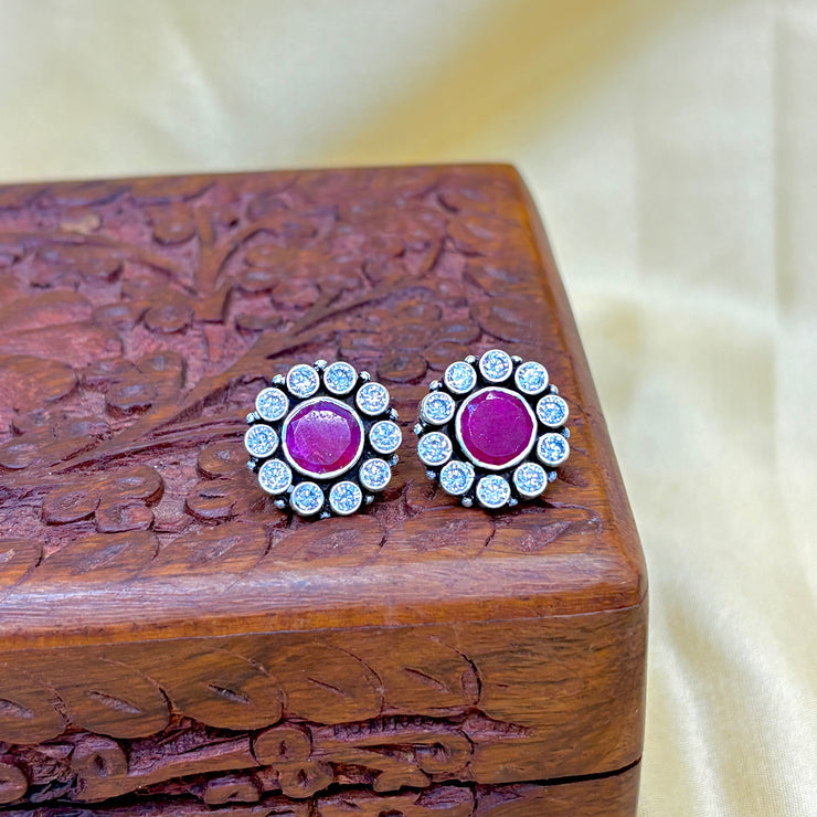 Floral Ruby Cutstone Silver Earrings