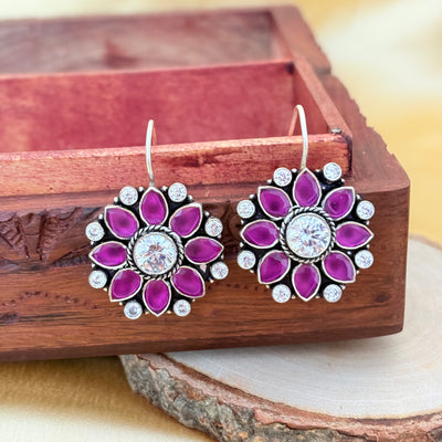 Elegant Ruby Leaf Silver Earrings