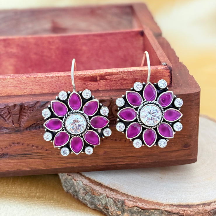 Elegant Ruby Leaf Silver Earrings